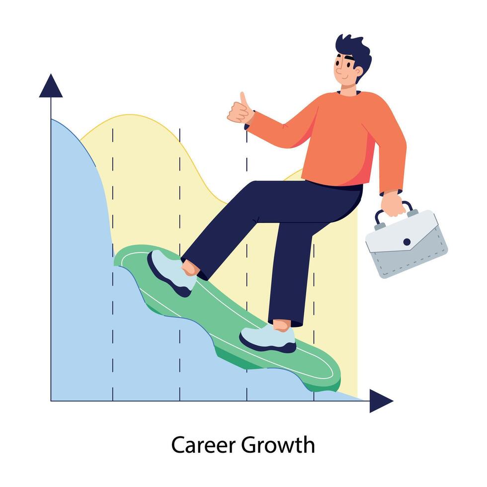 Person moving upward with a bag denoting career growth, flat illustration vector