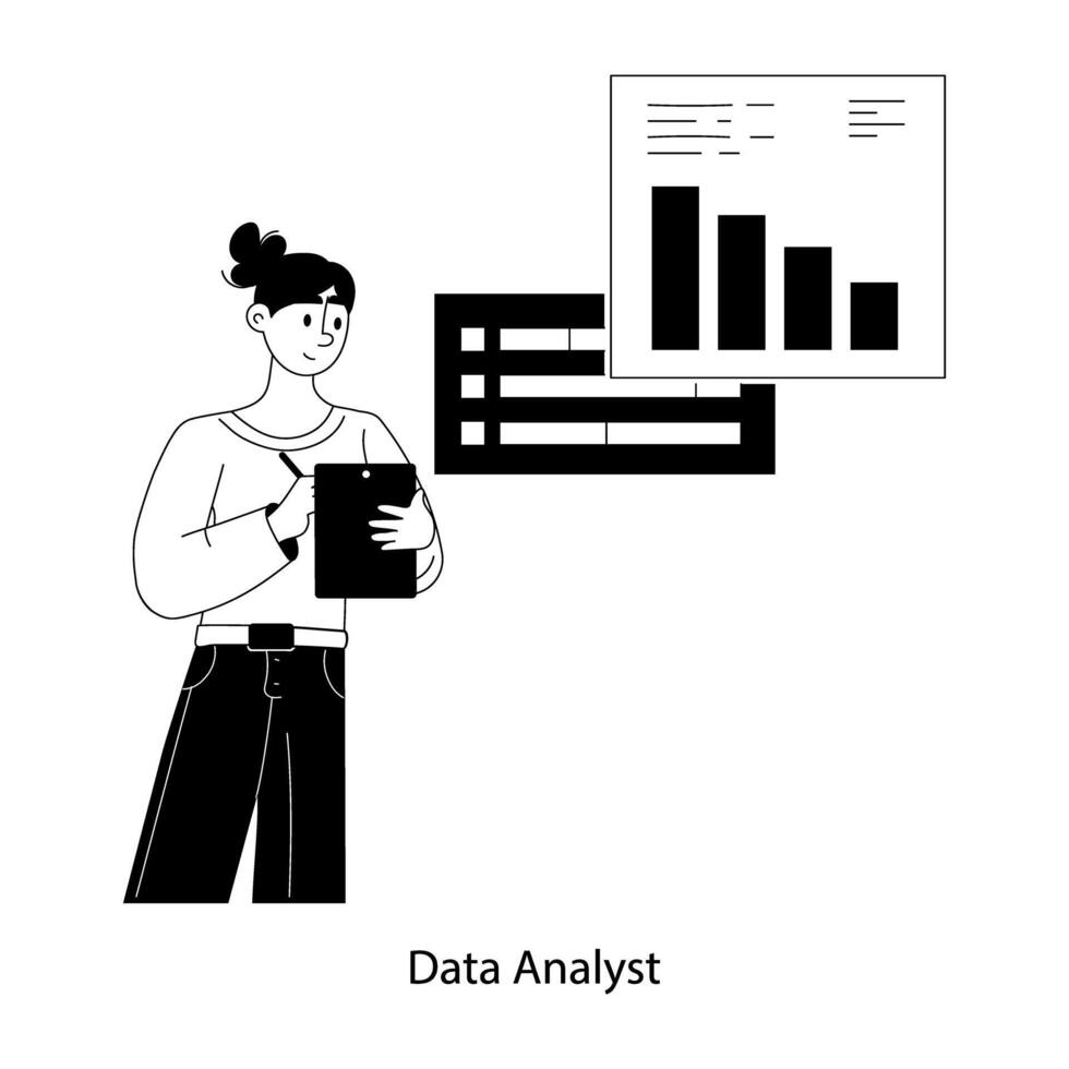 A flat illustration of data analyst with business graphs vector