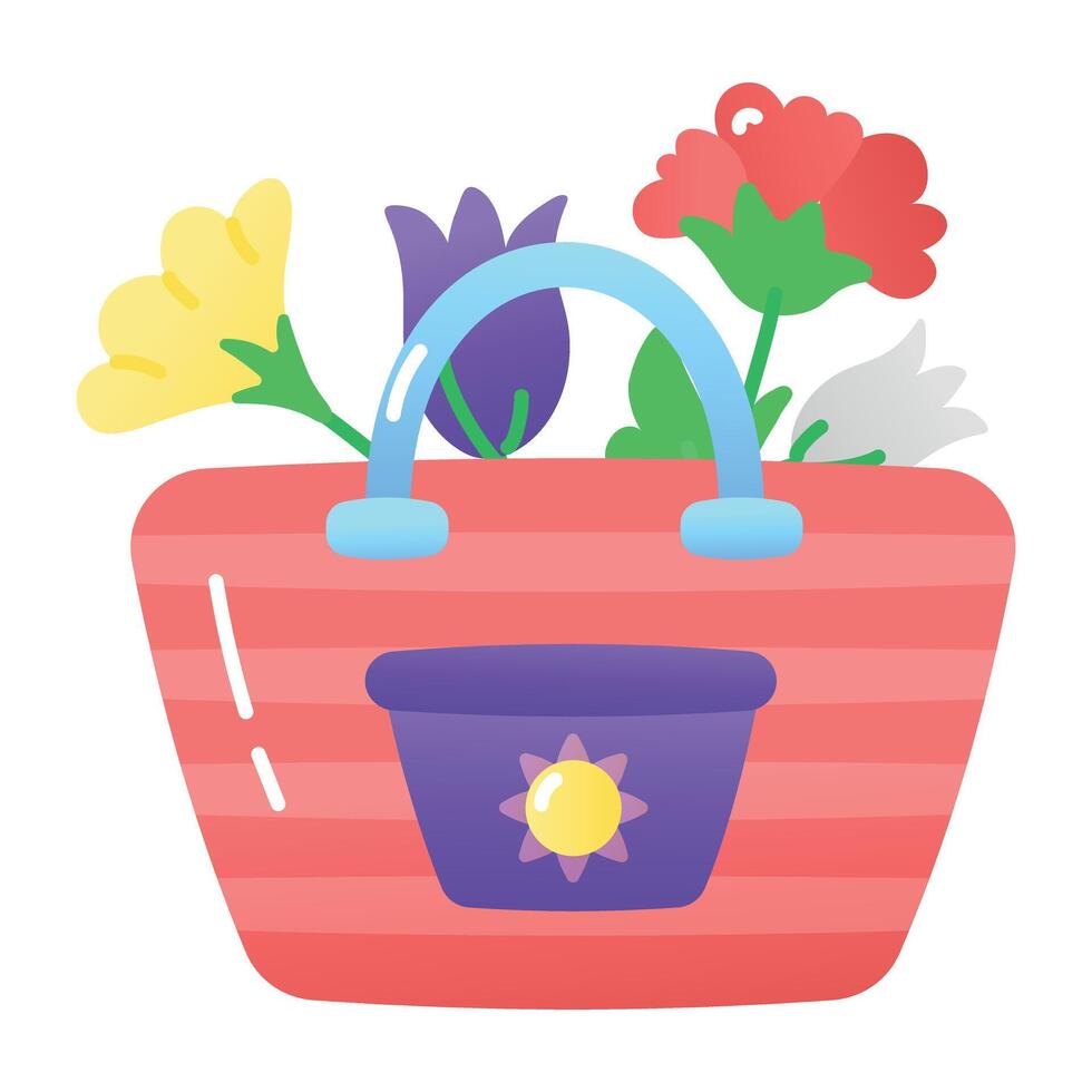 Beach bag with flowers in it, flat icon vector