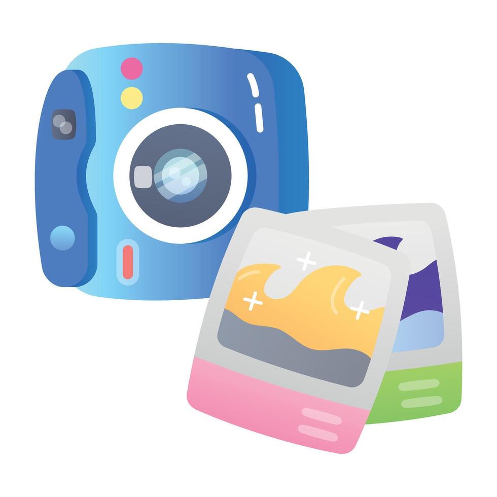 Camera with photographs denoting travel memories, flat icon vector