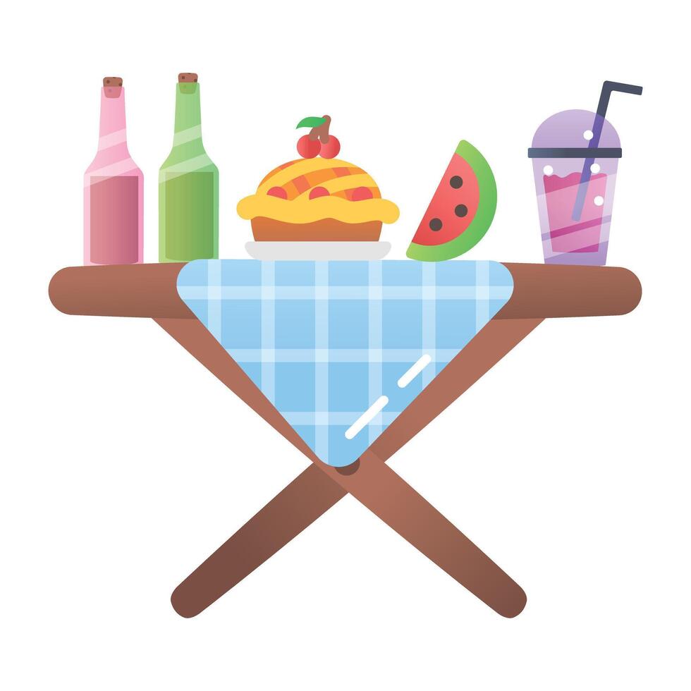 Picnic table with food items, flat icon vector