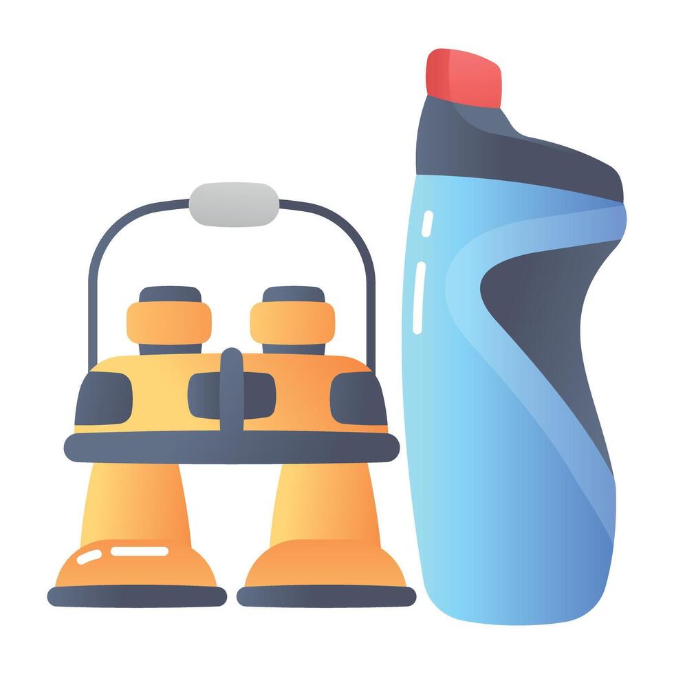 Binoculars and water bottle denoting camping gear, flat icon vector