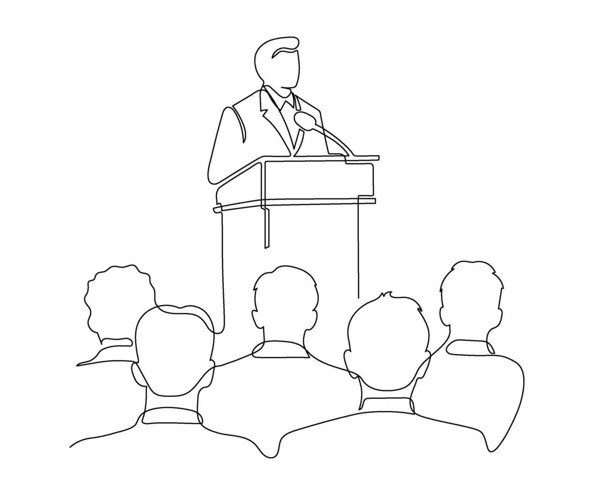 Lector man speech behind podium on conference with audience spectator, continuous one line drawing. Speaker on tribune, leader, teacher talking before of people back. minimalist single outline vector