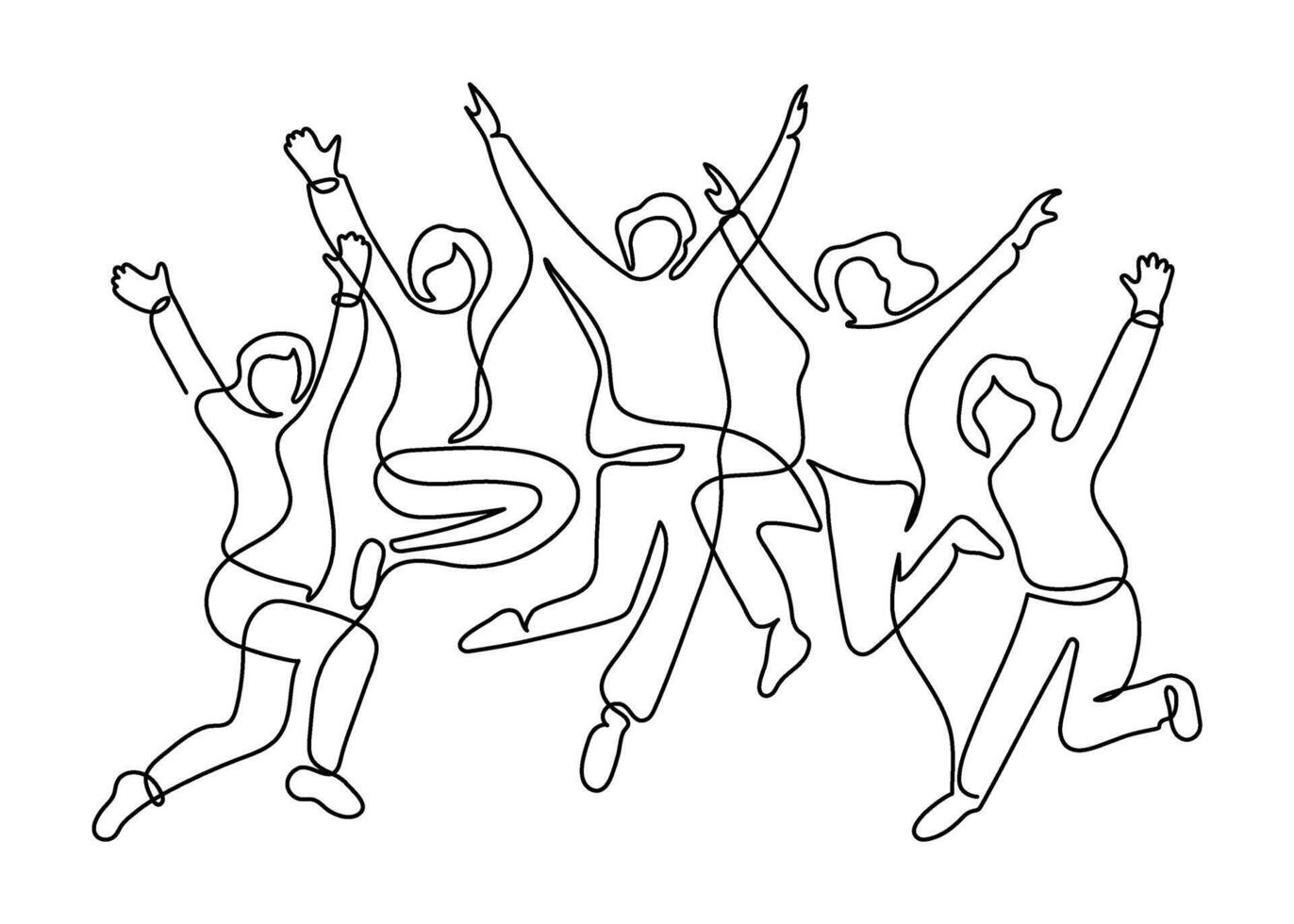 Happy group of people jumping, continuous one line drawing. Friendship, team work, healthy lifestyle, success concept. Minimalist simple linear style outline illustration vector