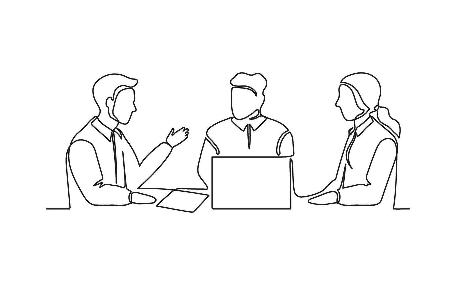 Business meeting of group office people, work on laptop, continuous one line drawing. Teamwork, learning or business talking, partnership in work. Simple single minimalism outline style illustration vector