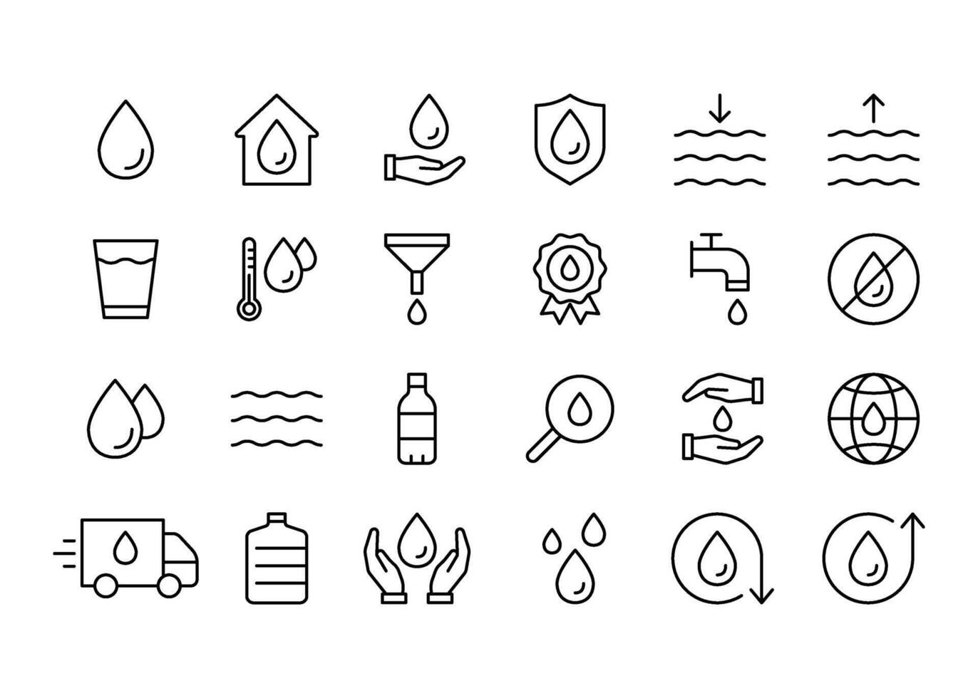 Water drop, line icon set. Safe clean water. Bottle and Glass. Delivery. Editable stroke. outline illustration vector