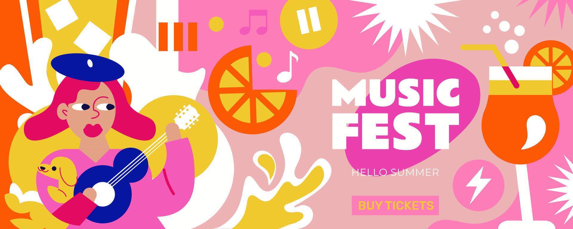 Summer music festival banner to open the warm season. Fresh atmosphere, cool drinks, music, a woman playing the guitar. Perfect for summer parties, outdoor festivals and more. vector