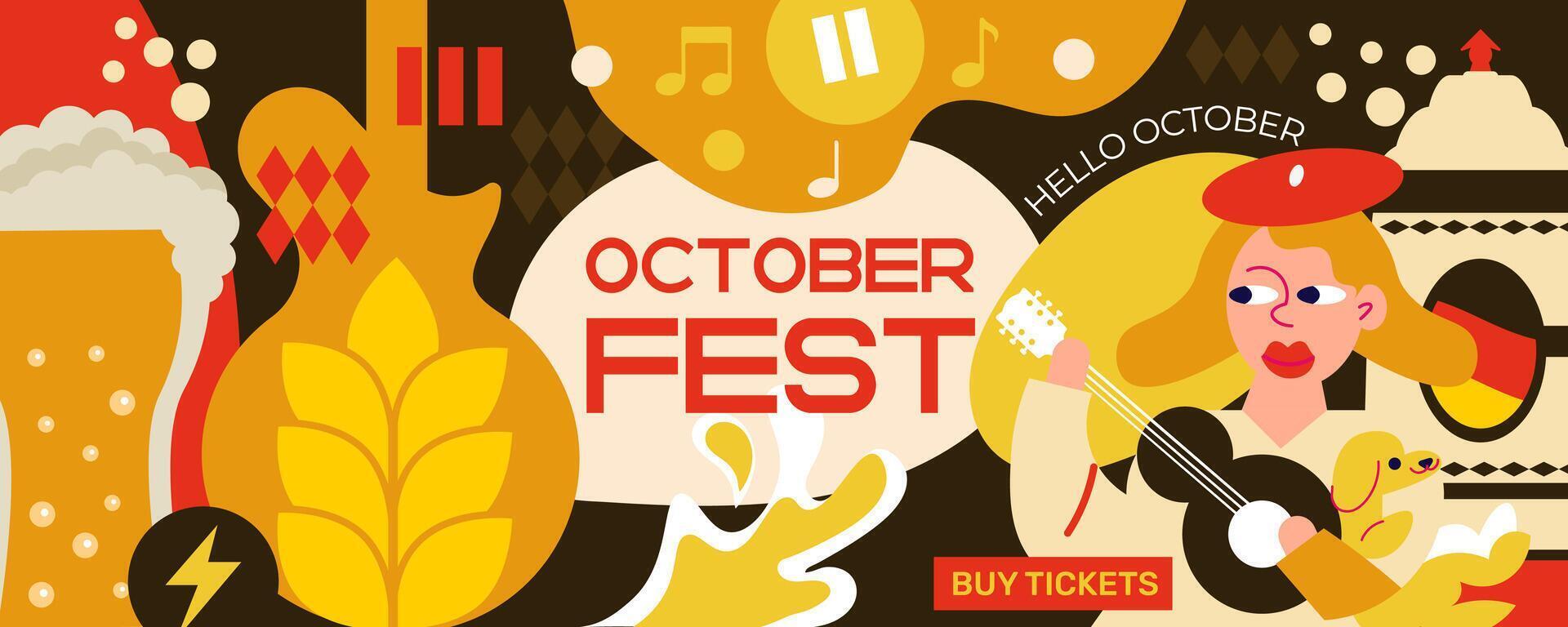 Oktoberfest horizontal banner girl playing guitar, big beer mugs, lots of beer, music and festive atmosphere. Perfect for the web, advertising, posters, printed materials and social networks. vector