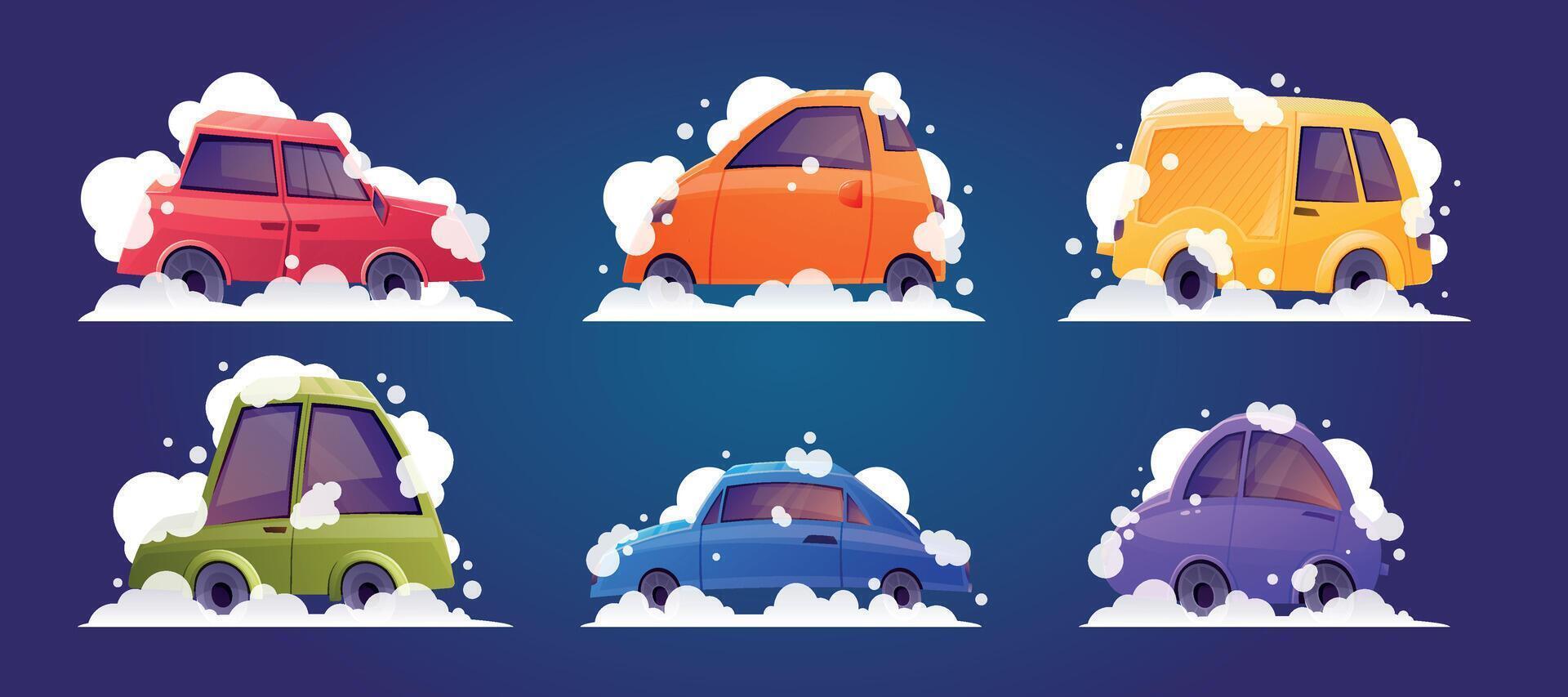 Set of funny passenger cars hatchback with foam and soap bubbles, vehicle wash. collection of isolated cartoon illustration. vector
