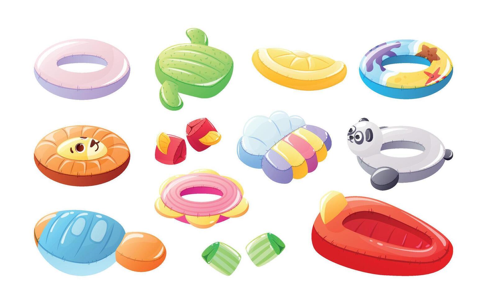 A set of children's funny entertaining swimming inflatable rings and mattresses. Collection of isolated cartoon illustrations. vector