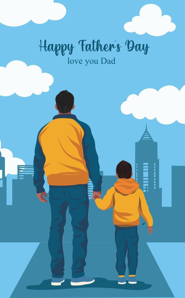 card for Father's Day, father holding his son's hand against the backdrop of a city landscape, Dad I love you, for poster, cover, postcard vector