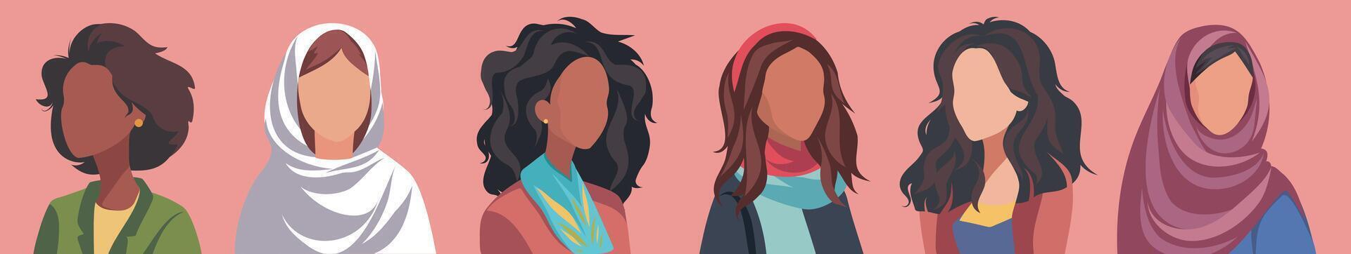 Set of portraits of women and girls without faces. Different ethnic skin color. The woman is European, Muslim, African American. Set of characters. Flat avatar icons for social networks vector