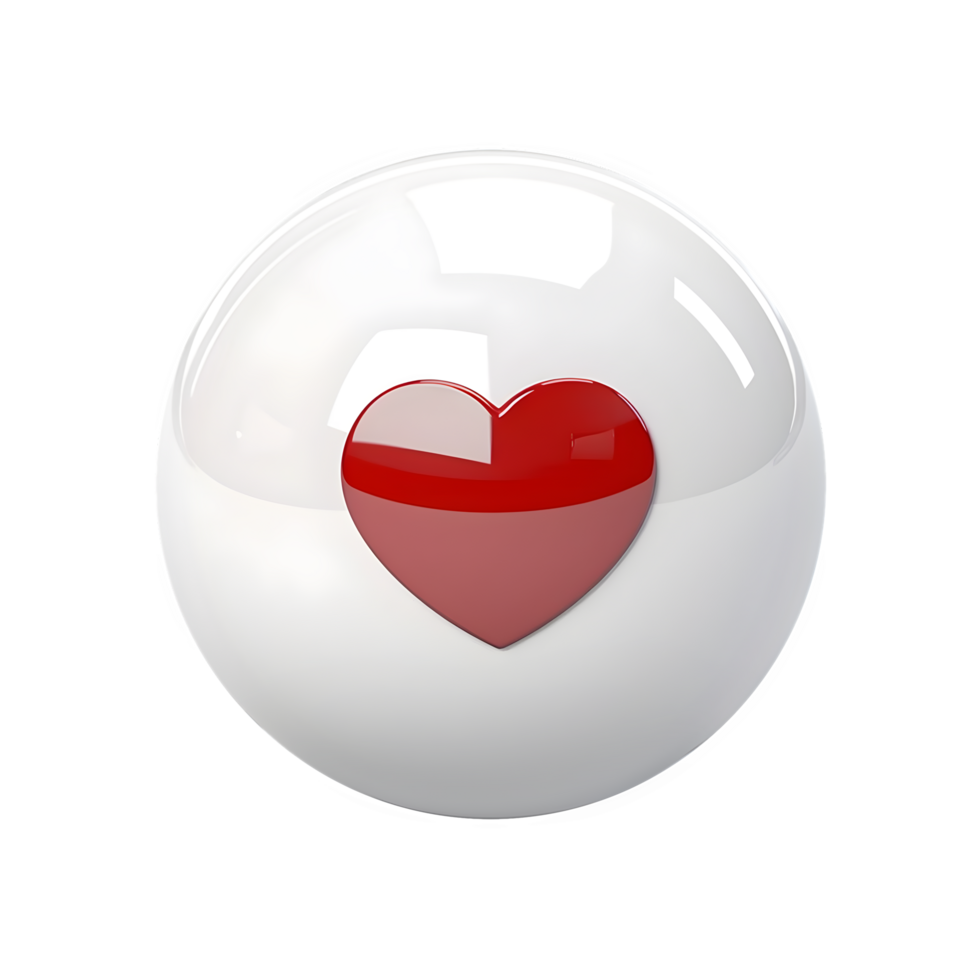 Glossy white round ball with red heart in center, 3d icon for social media png
