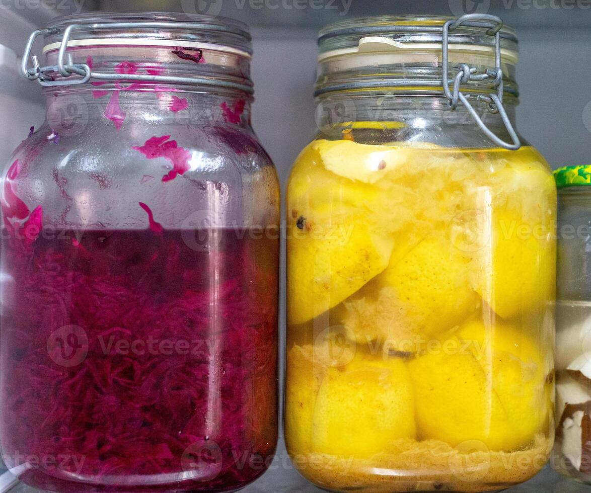 Fermented Foods Red Cabbage and Lemons in Jars photo