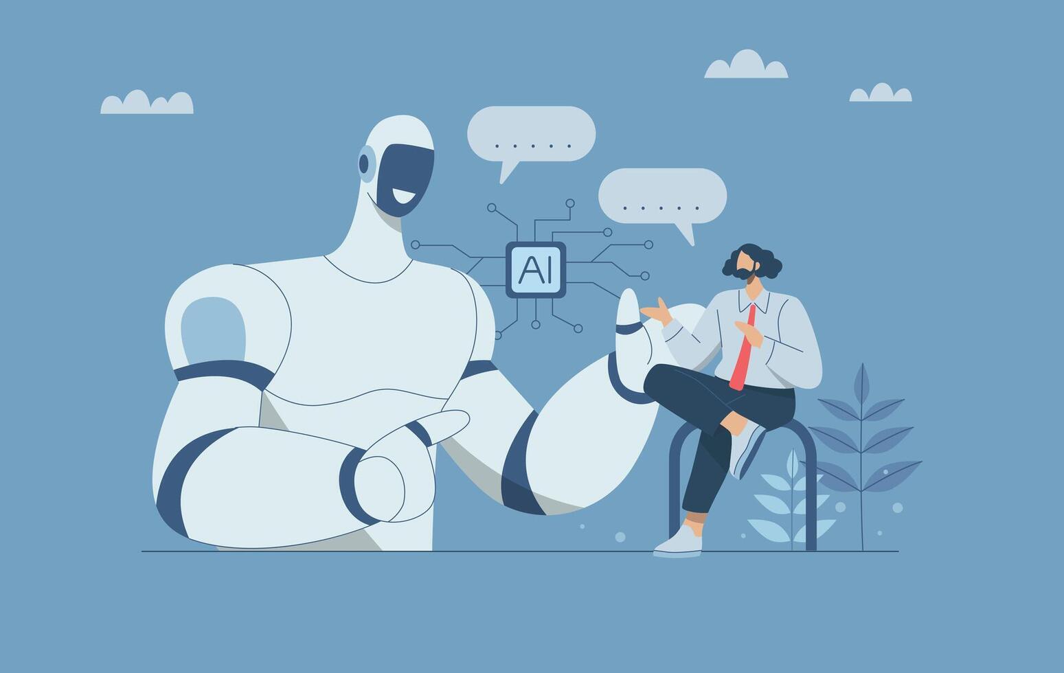 Chatbot AI online communication, Automated text or voice conversations, Robot answer customer questions in chatbot services, Collaboration between humans and artificial intelligence. design. vector