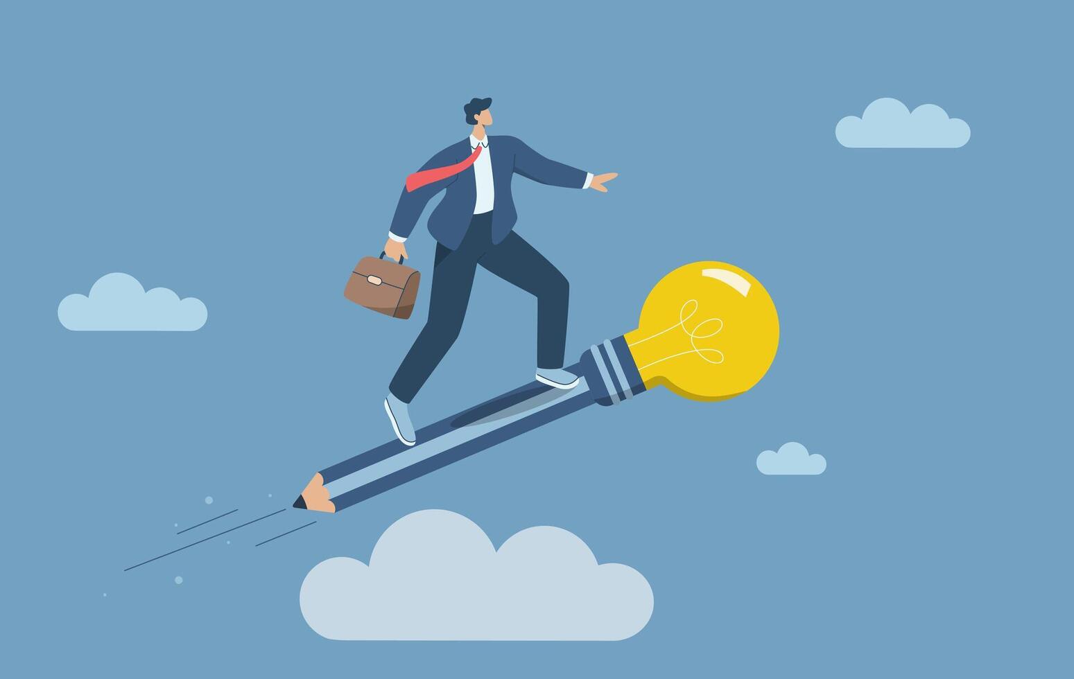 Creativity in generating new business ideas, Searching for the beginning of new ideas, Acquiring contemporary innovation skills and knowledge, Businessman riding a pencil rocket with a light bulb. vector