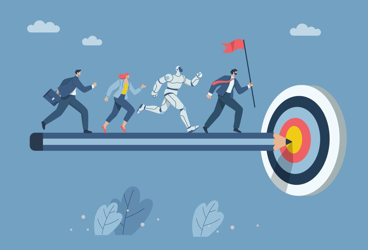 Collaboration of employees with artificial intelligence or AI, Technology and business development, Team goal setting, Business team and robot holding flag running on pencil towards goal. . vector