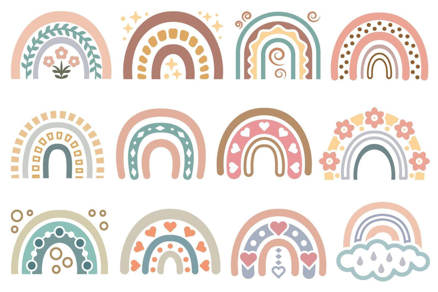Pastel subtle colored Boho rainbows set. Decorative Boho shapes abstract design elements set. vector