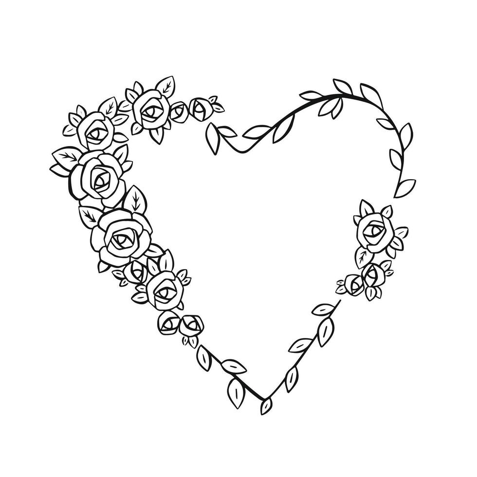 Linear heart frame made of roses. Sketch outline illustration vector