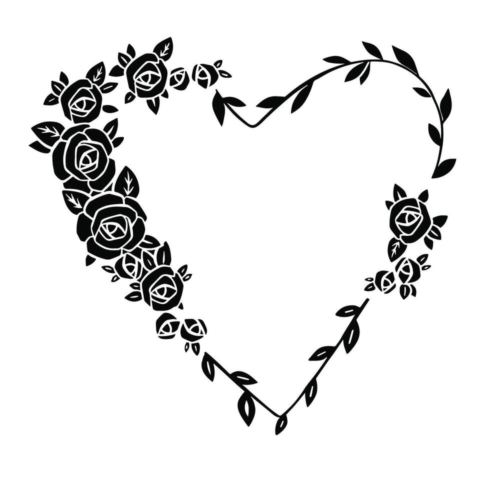 Heart frame made of silhouettes of rose flowers. Sketch illustration vector
