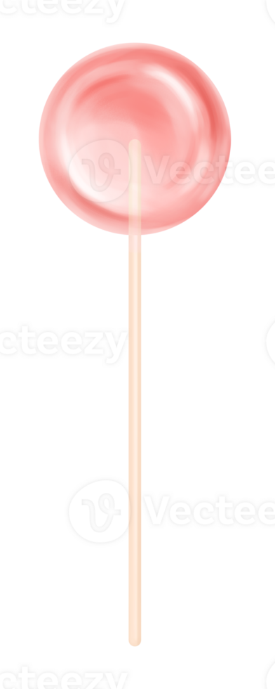 Sugar transparent lollipop on a stick in the shape of a circle. A sweet pink candy. Decor for cakes and pies for holidays and parties. For designs and compositions. Isolated digital illustration png