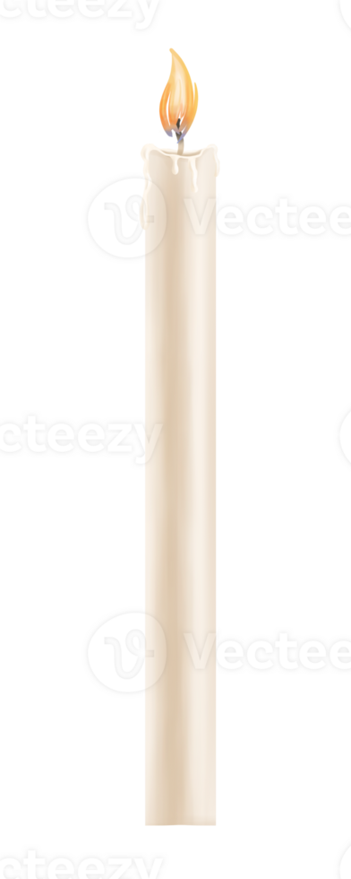 A thin long white candle made of wax with a flame. Decor for cakes and cupcakes. Festive decoration for birthday, wedding and baby's birth. In the style of minimalism. Digital isolated illustration png