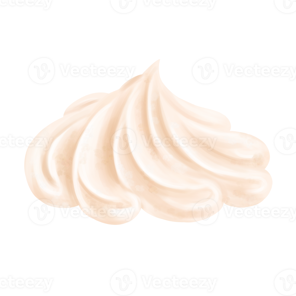 A drop of white sweet vanilla cream in the shape of a rose. A delicious meringue dessert made with a pastry bag. Decor for cakes and pies for holidays and parties. Isolated digital illustration png