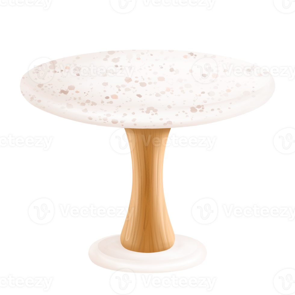 Round dessert stand with wooden leg. A place for cake, fruits, and hot dishes. Elegant tableware for home, bakeries and coffee. For decoration, festive composition. Isolated digital illustration png