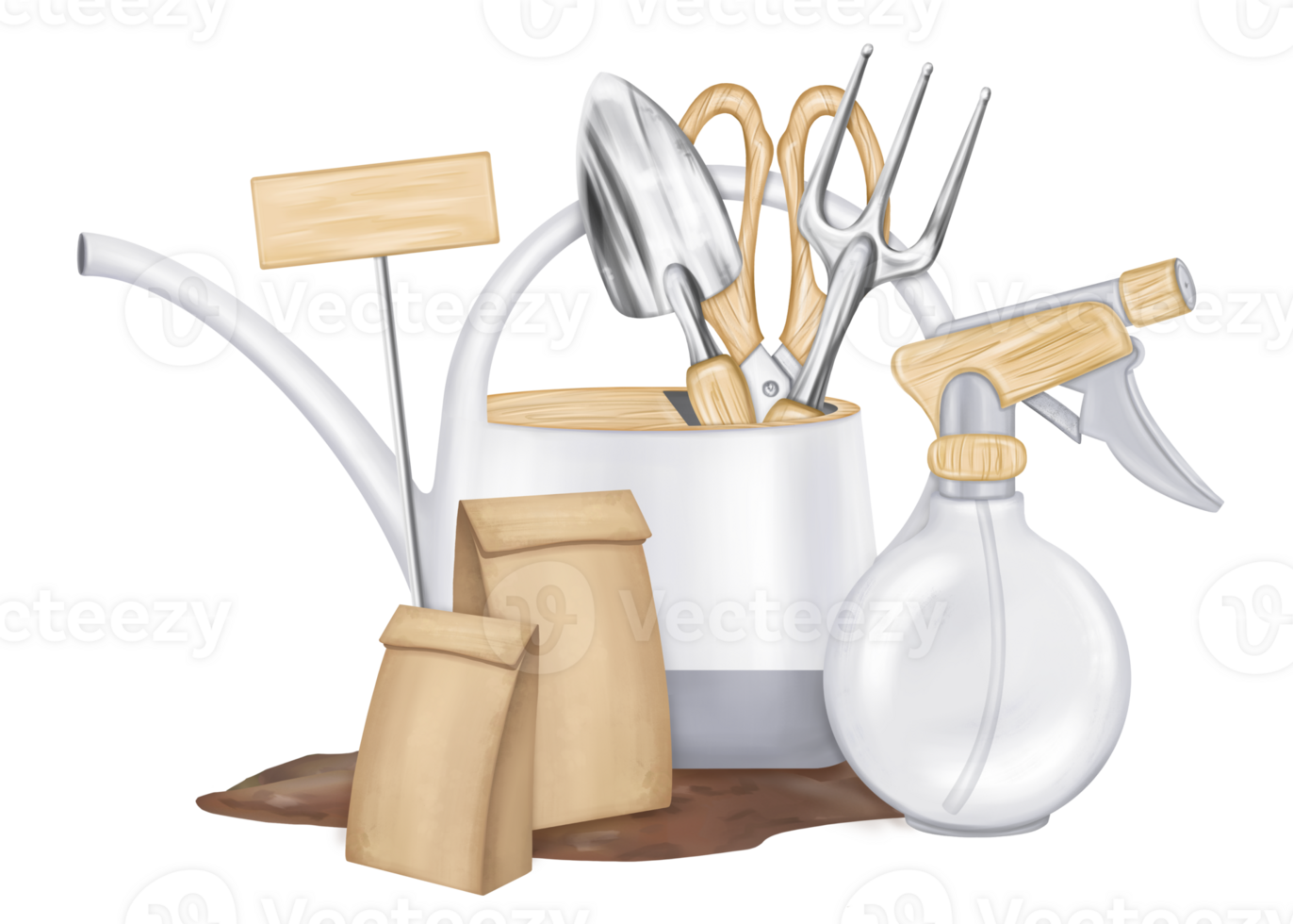 A composition of working tools, watering can, rake, shovel, spray gun. Tools for landscaping the garden and landscaping of house territory. Farming, growing plants and flowers. Isolated illustration png