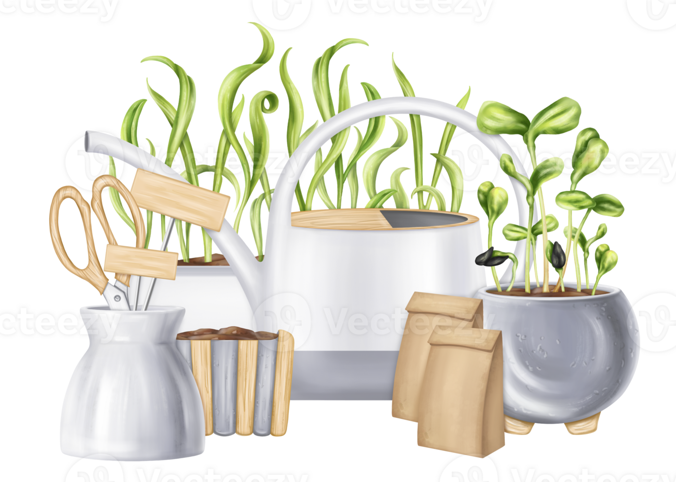 A composition of working tools, watering can, rake, shovel, spray gun, seeds, boxes of greens. Equipment for the garden and home. Agriculture, cultivation of plants and flowers. Isolated illustration png