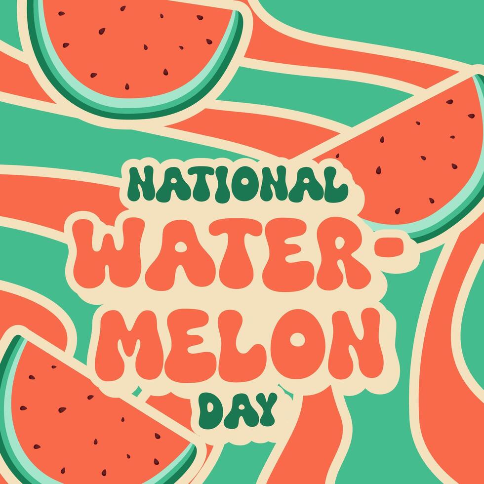 National watermelon day Retro media post and square banner in a trendy, groovy style vector