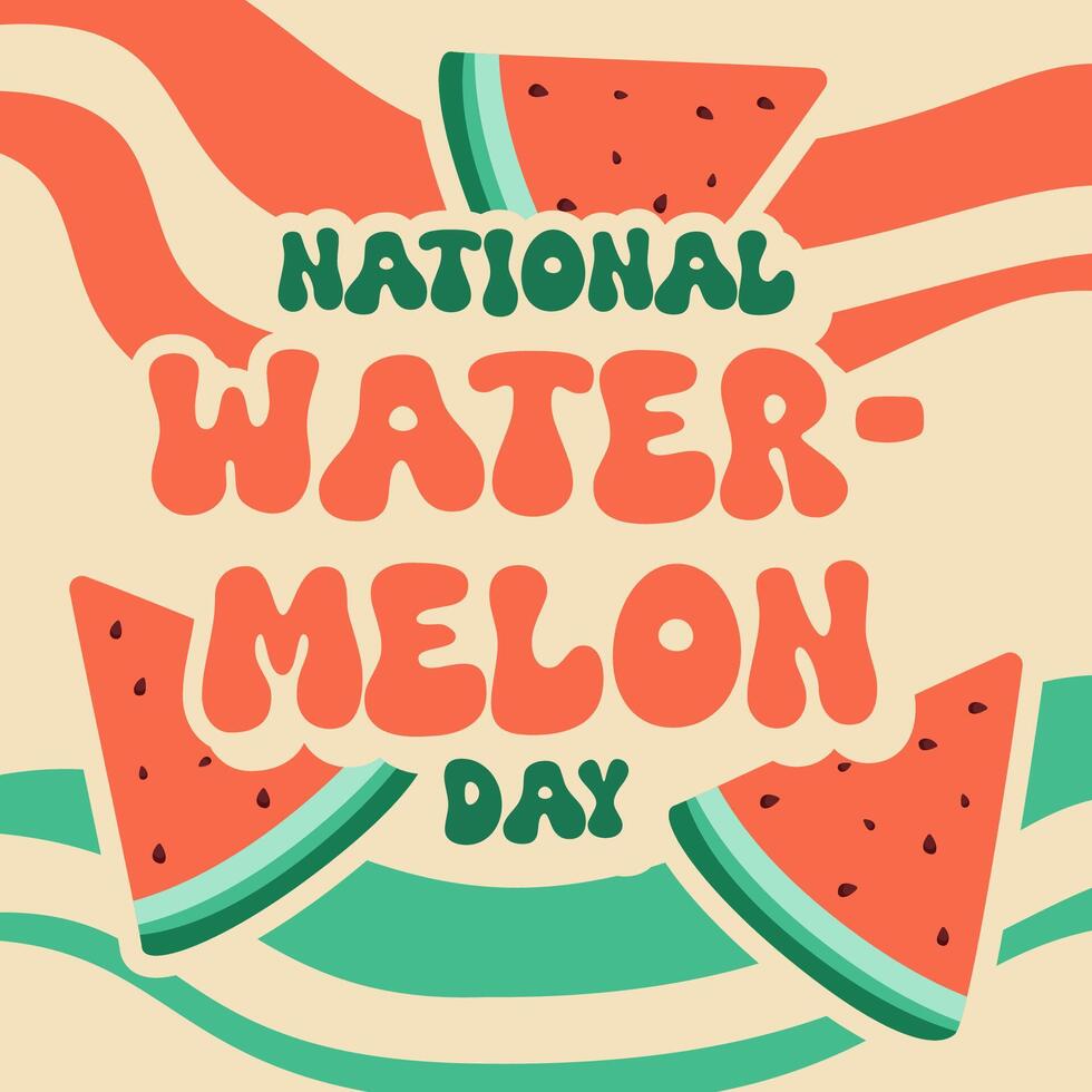 National watermelon day banner or poster background. red and green in retro groovy style vector