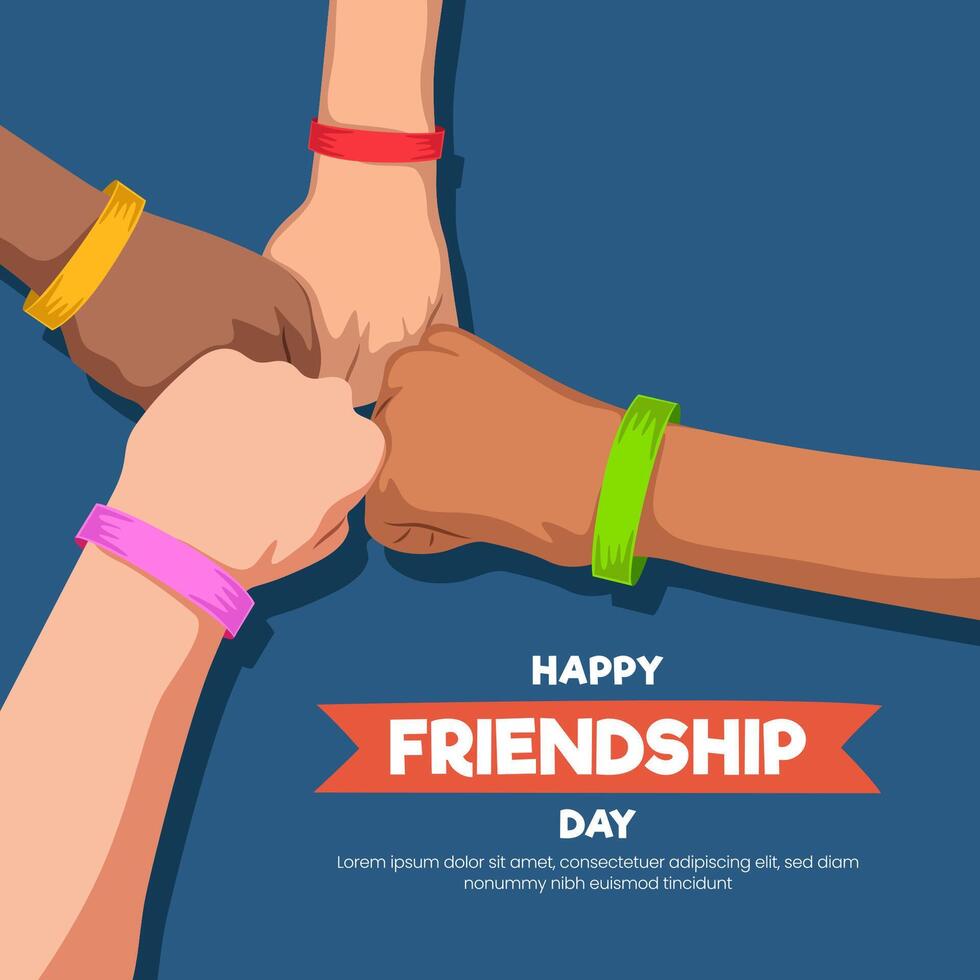 Happy Friendship Day illustration. Friends with stack of hands showing unity and teamwork, top view. People putting their hands together. Flat design vector