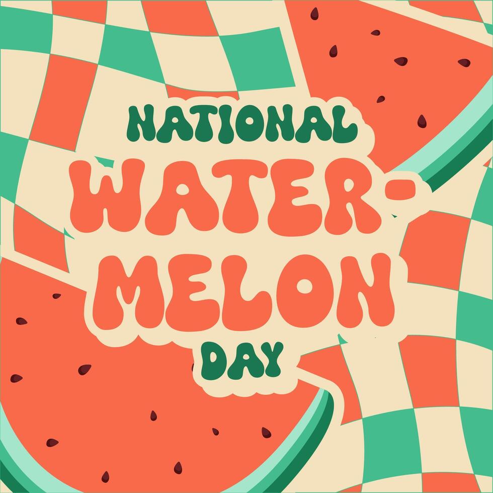National Watermelon Day groovy style greeting card, square frame illustration with cartoon style watermelons. August 3 vector