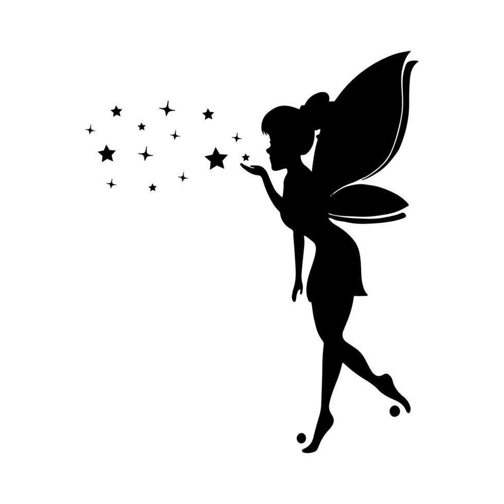 Silhouette of a fairy on a white background. Cute Fairy art. Beautiful Fairies silhouette illustration, Little fairies silhouette. Hand drawn illustration vector
