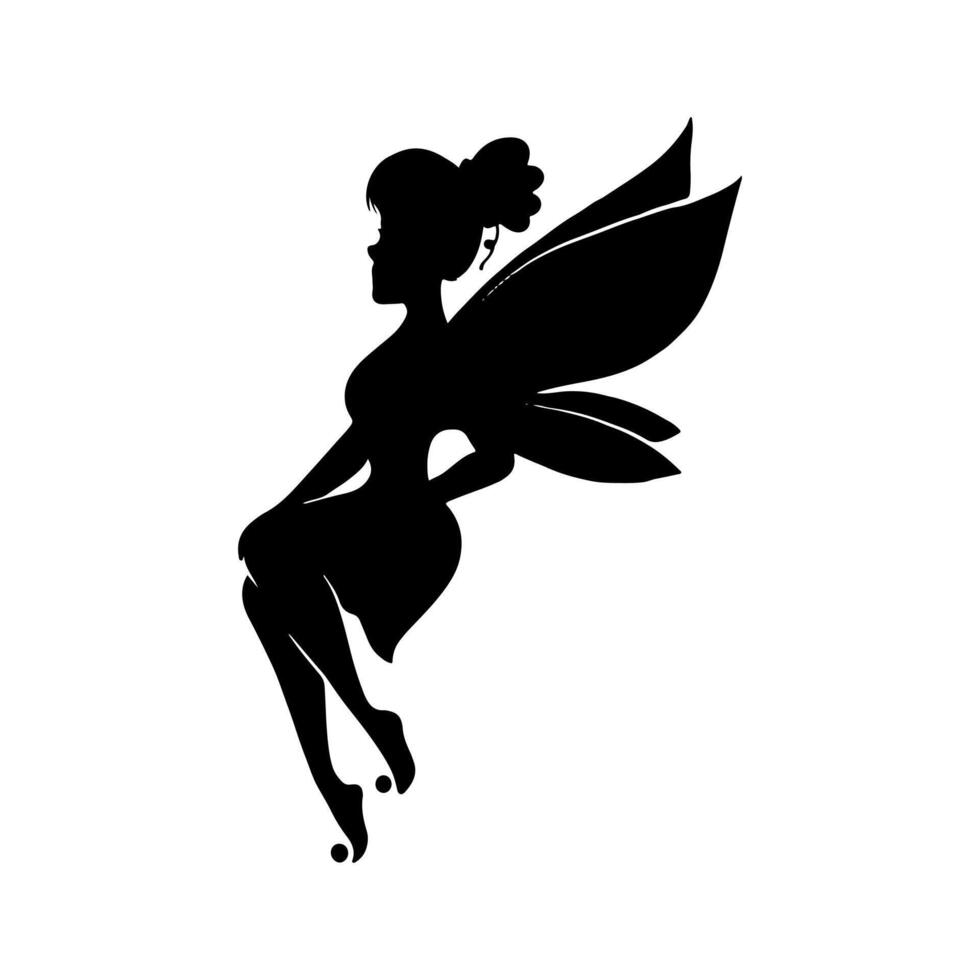 Silhouette of a fairy on a white background. Cute Fairy art. Beautiful Fairies silhouette illustration, Little fairies silhouette. Hand drawn illustration vector