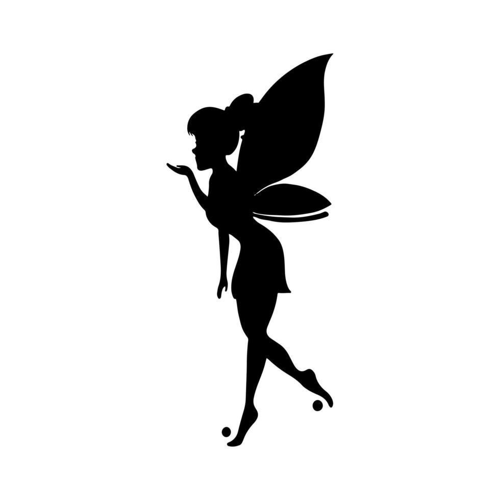 Silhouette of a fairy on a white background. Cute Fairy art. Beautiful Fairies silhouette illustration, Little fairies silhouette. Hand drawn illustration vector