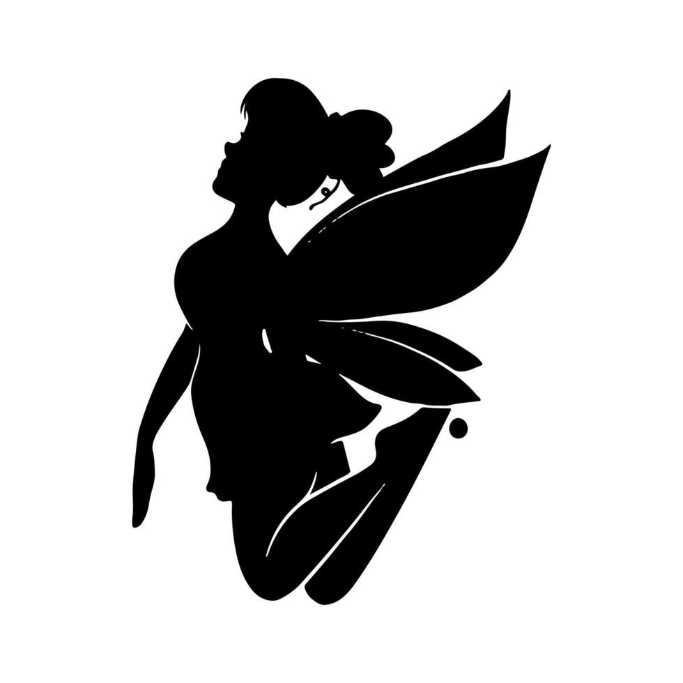 Silhouette of a fairy on a white background. Cute Fairy art. Beautiful Fairies silhouette illustration, Little fairies silhouette. Hand drawn illustration vector