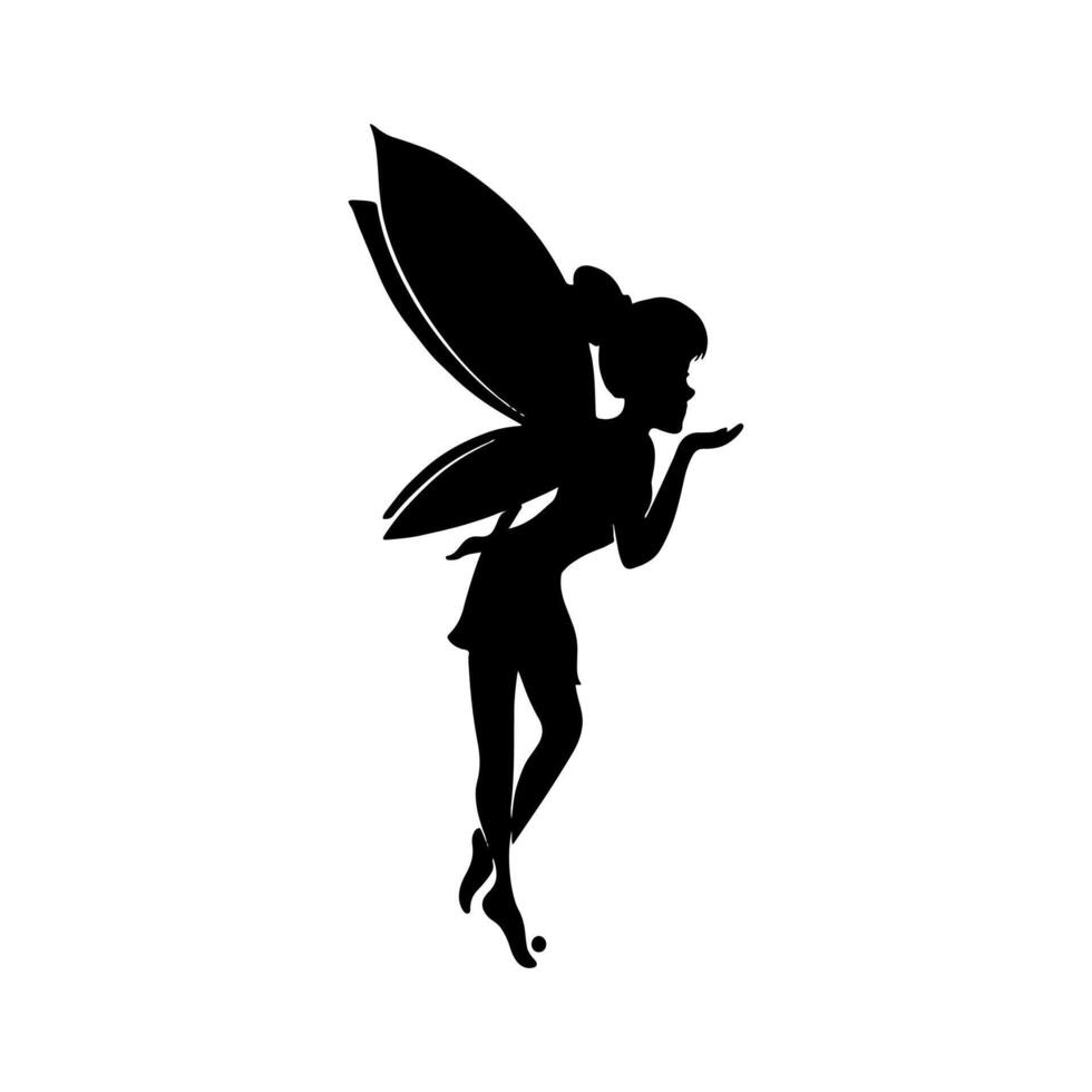 Silhouette of a fairy on a white background. Cute Fairy art. Beautiful Fairies silhouette illustration, Little fairies silhouette. Hand drawn illustration vector