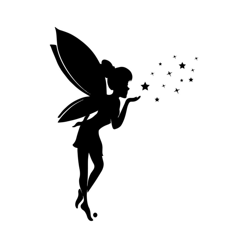 Silhouette of a fairy on a white background. Cute Fairy art. Beautiful Fairies silhouette illustration, Little fairies silhouette. Hand drawn illustration vector