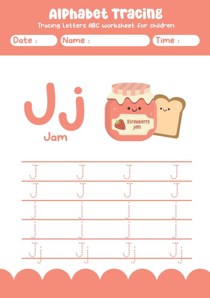 Alphabet tracing worksheet. A-Z writing pages. Letter J uppercase and lowercase tracing with cartoon jam . Handwriting exercise for kids vector