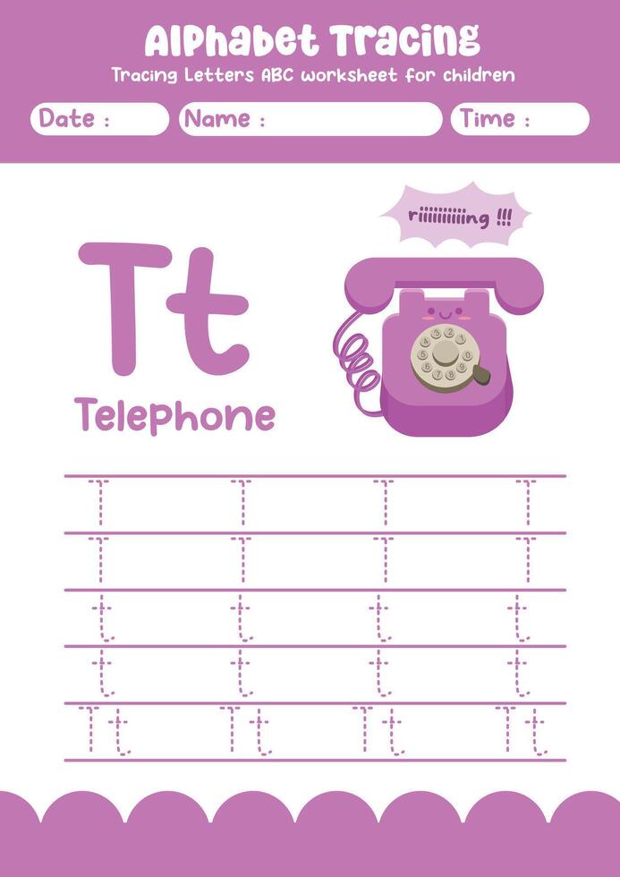 Alphabet tracing worksheet. A-Z writing pages. Letter T uppercase and lowercase tracing with cartoon telephone . Handwriting exercise for kids vector