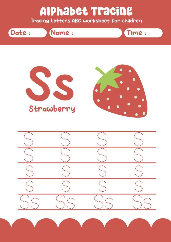 Alphabet tracing worksheet. A-Z writing pages. Letter S uppercase and lowercase tracing with cartoon strawberry . Handwriting exercise for kids vector