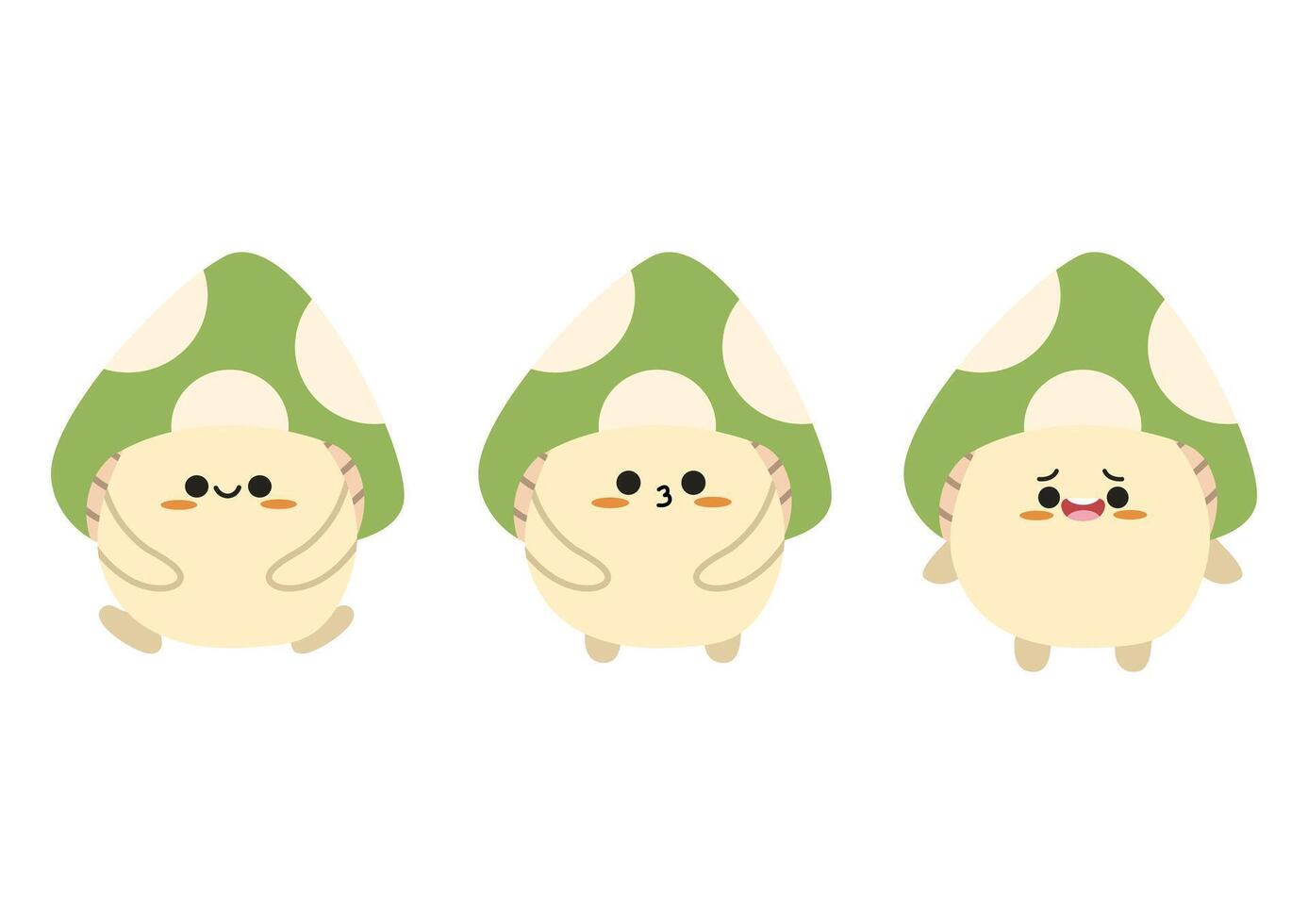 Cute green mushroom character design different expression in kawaii style. Isolated on white background vector