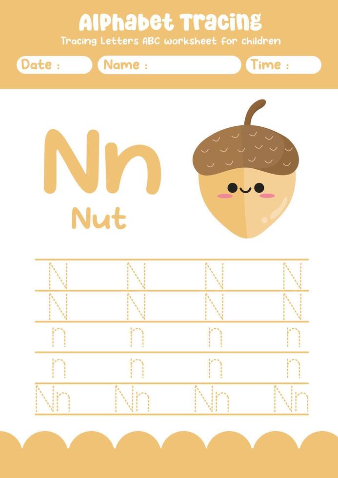 Alphabet tracing worksheet. A-Z writing pages. Letter N uppercase and lowercase tracing with cartoon nut . Handwriting exercise for kids vector
