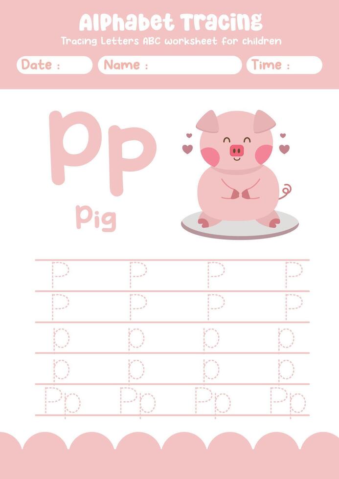 Alphabet tracing worksheet. A-Z writing pages. Letter P uppercase and lowercase tracing with cartoon pig . Handwriting exercise for kids vector