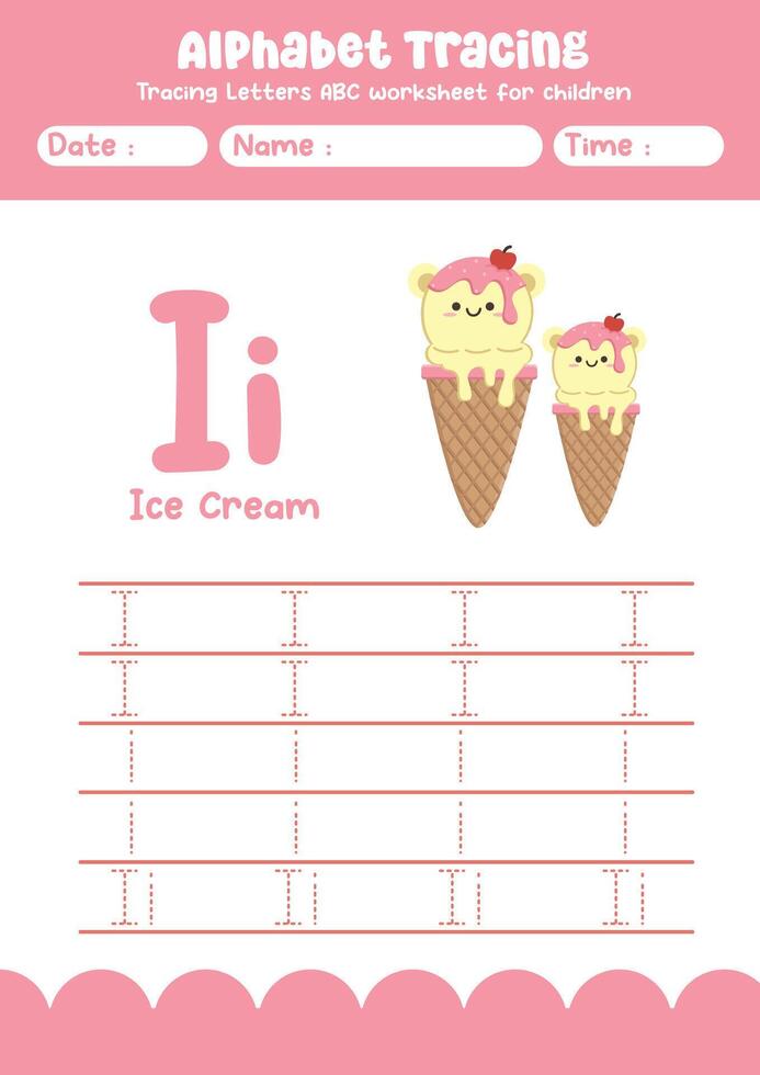 Alphabet tracing worksheet. A-Z writing pages. Letter I uppercase and lowercase tracing with cartoon ice cream . Handwriting exercise for kids vector