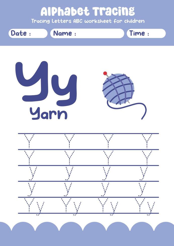 Alphabet tracing worksheet. A-Z writing pages. Letter Y uppercase and lowercase tracing with cartoon yarn . Handwriting exercise for kids vector
