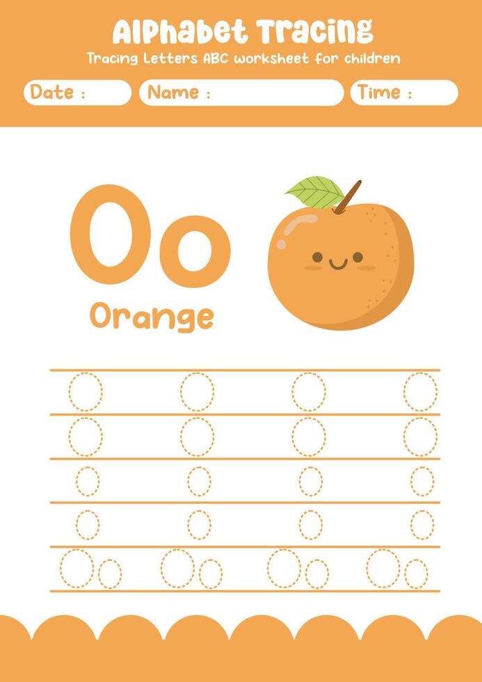 Alphabet tracing worksheet. A-Z writing pages. Letter O uppercase and lowercase tracing with cartoon orange . Handwriting exercise for kids vector