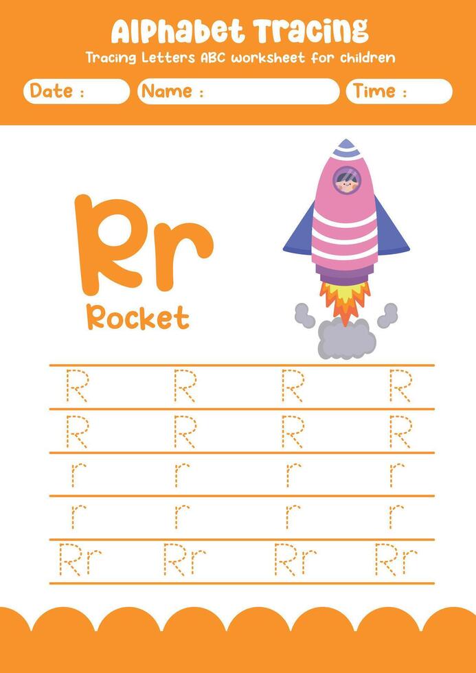 Alphabet tracing worksheet. A-Z writing pages. Letter R uppercase and lowercase tracing with cartoon rocket . Handwriting exercise for kids vector